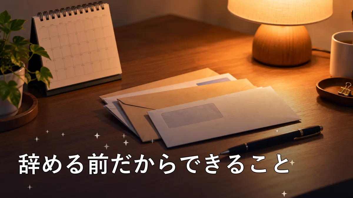 夜の机に置かれた卓上カレンダーと数通の封筒とペン