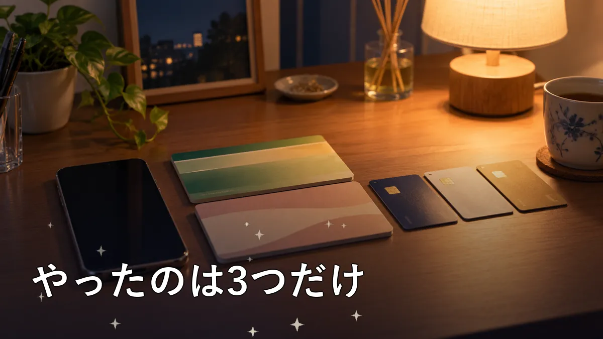 スマートフォンとカードを机に一列に並べて整理しているところ