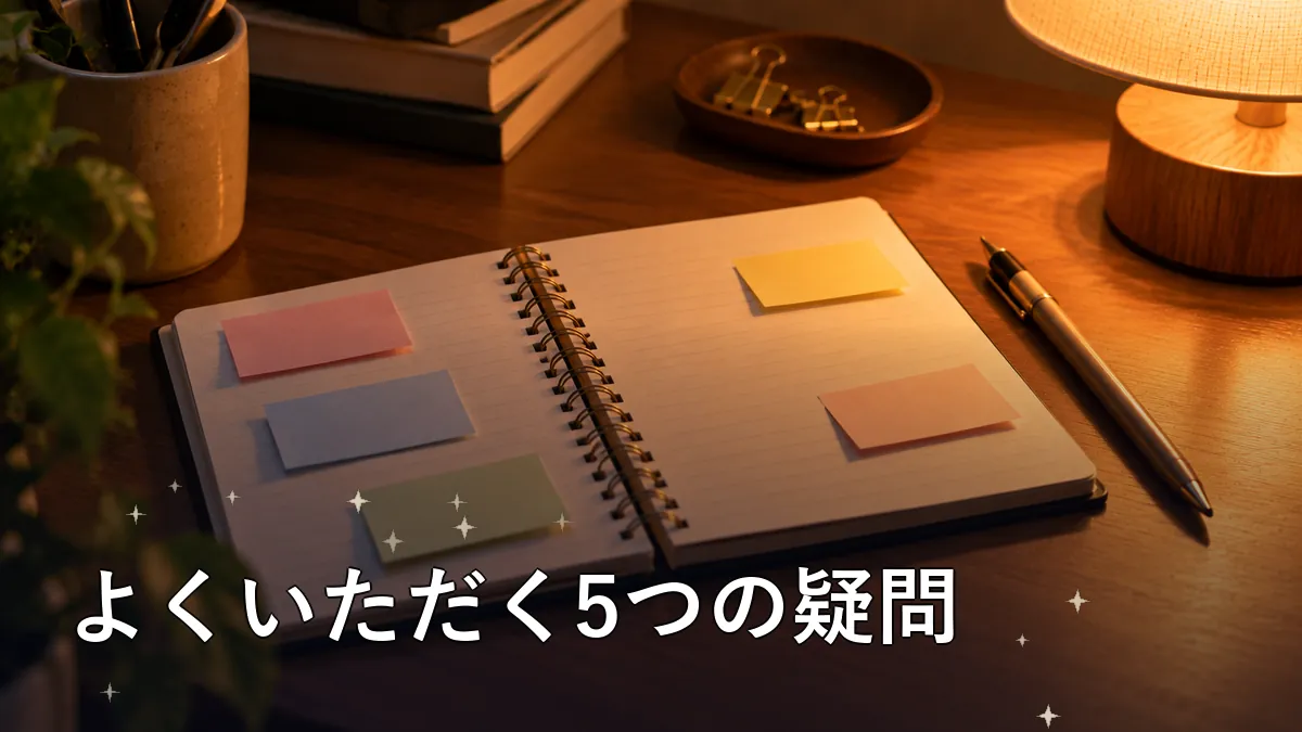 付箋を貼ったノートに疑問を書き出しているところ